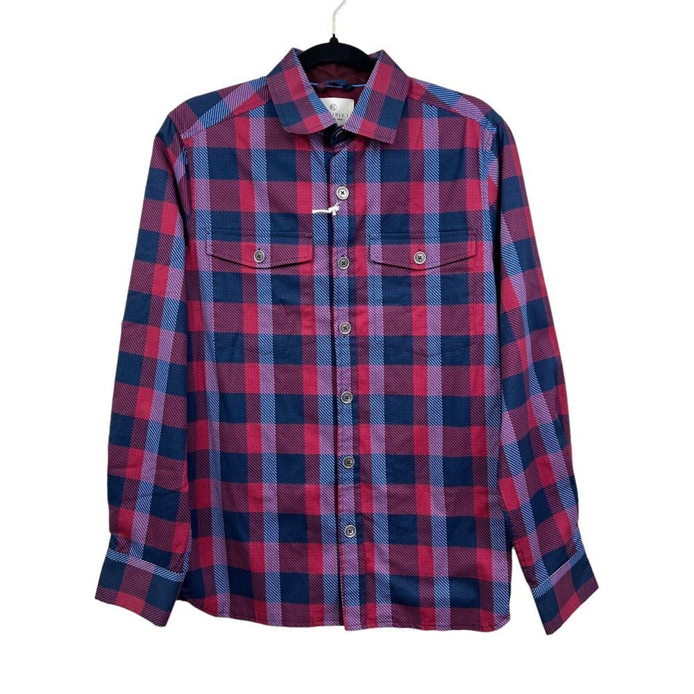 Construct Plaid Shirt Button Up Long Sleeve Flap Pockets Lined Red Blue Men S*